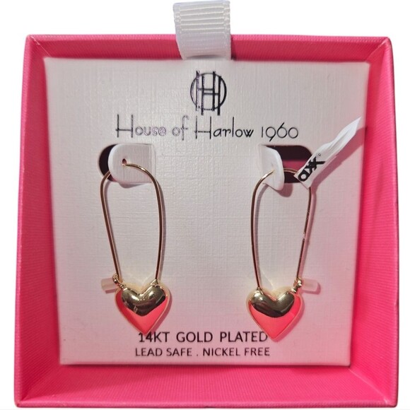 House of Harlow 1960 Jewelry - BN House of Harlow 1960 14K Gold Plated Puff Heart Safety Pin Punk Drop Earrings